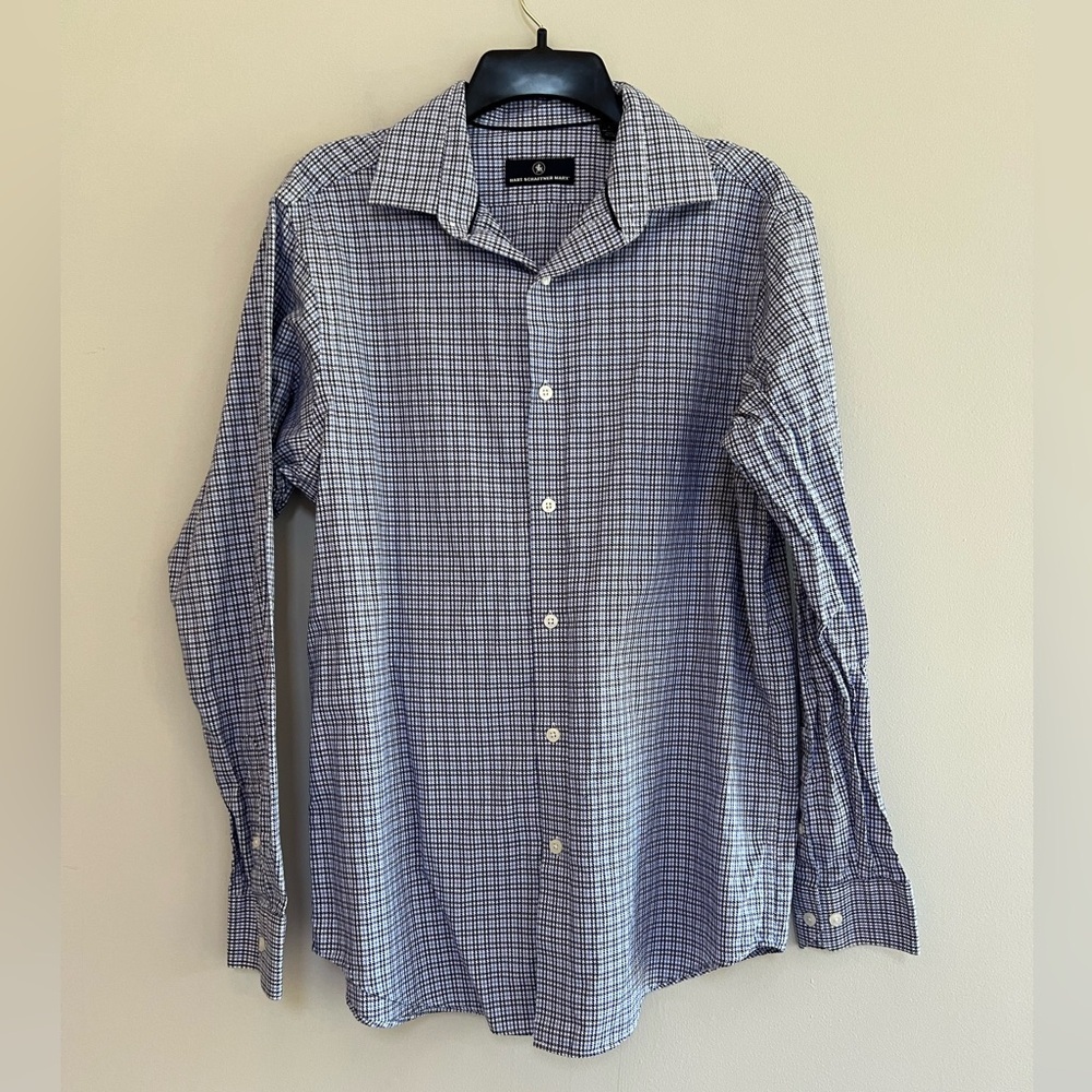 HART SCHAFFNER MARX Men's Long Sleeve Houndstooth Button-Up Shirt, Black/Blue, M